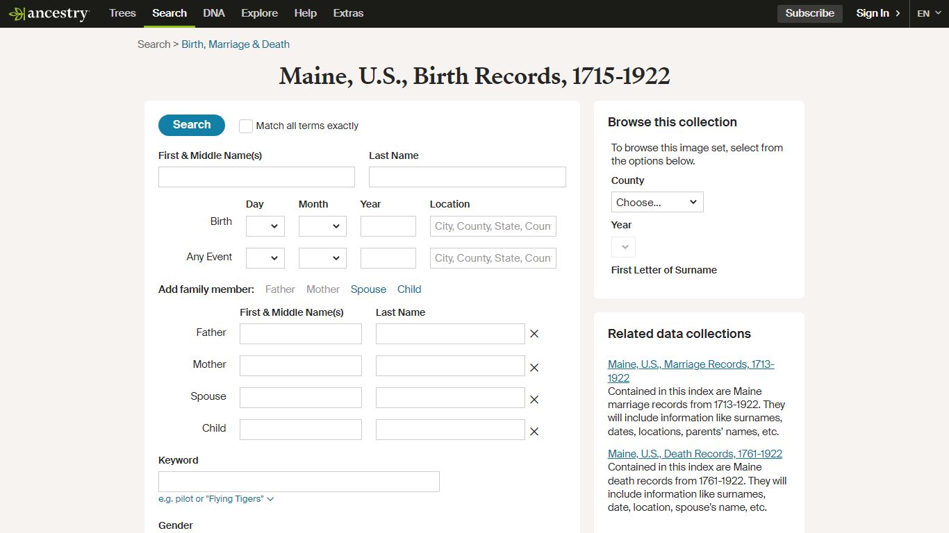 Maine, U.S., Birth Records, 1715-1922 - Search